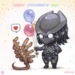 1:1 2022 alien alien_(franchise) alien_humanoid ambiguous_feral ambiguous_gender armor balancing_on_tail balloon bone brown_body brown_exoskeleton chibi children's_day_(japan) clothing confetti dreadlocks duo exoskeleton facehugger feral fishnet_clothing fishnet_topwear gift gradient_background green_body green_skin hand_on_hip heart_symbol hi_res holding_balloon humanoid inflatable larger_humanoid male male_humanoid markings mask mist_xg offering_gift pictographics predator_(franchise) simple_background size_difference smaller_feral spots spotted_markings standing tail topwear yautja