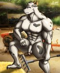 abs absurd_res alkan anthro balls big_pecs bodily_fluids bovid bovine brown_eyes cattle farm farmer feet flaccid fur genitals heart_symbol hi_res horn humanoid_genitalia humanoid_penis male mammal muscular muscular_anthro muscular_male navel nipples nude nude_anthro nude_male pecs penis pubes rake solo spots sweat tools white_body white_fur