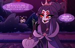 anthro avian bird crown detailed_background dialogue duo female giggle giggling hair headgear helluva_boss hi_res hiding long_hair male owl owl_demon plant queen_octavia_(teathekook) red_eyes shrub speech_bubble standing stolas_(helluva_boss) teathekook text white_text