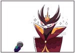 2022 anthro avian avian_demon bird clothed clothing comic crown demon digital_drawing_(artwork) digital_media_(artwork) electronics eyes_closed formal_clothing formal_wear headgear helluva_boss humor male microphone norithelord owl owl_demon paimon_(helluva_boss) red_eyes simple_background solo sparkles star watermark white_background