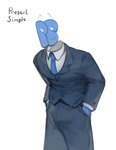 absurd_res blue_body clothed clothing cool_colors dress_shirt for_a_head fully_clothed hi_res humanoid jacket kogito male necktie not_furry object_head present_simple shirt solo suit topwear