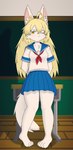 absurd_res anthro blonde_hair canid canine chalkboard classroom clothing desk female fox furniture hair hi_res kemono kemonoyao long_hair mammal one_eye_closed sayu_(kemonoyao) school school_uniform sniffing solo standing table uniform yellow_eyes