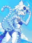 3:4 alternate_species anthro bikini blue_body blue_eyes blue_fur bra clothing creamytako eyewear eyewear_on_head felid feline female fur furina_(genshin_impact) furrification genshin_impact hair hi_res looking_at_viewer looking_back looking_back_at_viewer mammal mihoyo outside seaside smile solo striped_body stripes sunglasses sunglasses_on_head swimwear tail teeth two-piece_swimsuit underwear water