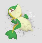 2023 bedding bedding_background feral generation_5_pokemon hi_res korsiran looking_at_viewer lying nintendo on_back pokemon pokemon_(species) simple_background snivy solo