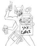 anthro armor astrological_symbol bad_trigger_discipline ballistic_shield black_and_white cheese chest_markings clitoral_hood dairy_products english_text explosives face_mask food gemini_(symbol) gemini_the_sergal genitals grenade gun headgear helmet holding_grenade holding_object holding_weapon_with_genitals intersex looking_at_viewer maleherm maleherm_(lore) markings mask misspelling monochrome mostly_nude multi_arm multi_limb multi_wielding portrait prehensile_clitoral_hood ranged_weapon sergal shield solo symbol taking_picture text thigh_strap three-quarter_portrait topazknight weapon weapon_holster western_zodiac_symbol wide_stance