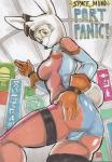 anthro bodysuit breasts brown_eyes butt clothed clothing cover cover_art cover_page daigaijin english_text eyewear female fur furryfight_chronicles gloves hand_on_butt handwear hi_res lagomorph leporid looking_at_viewer mammal muko one_eye_closed portrait pose rabbit scut_tail shopping_district short_tail skinsuit solo tail text three-quarter_portrait tight_clothing visor white_body white_fur