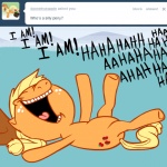 1:1 animated applejack_(mlp) ask_jappleack blonde_hair clothing dialogue earth_pony english_text equid equine female feral friendship_is_magic hair hasbro hat headgear headwear horse hotdiggedydemon laugh lying mammal my_little_pony pony quadruped short_playtime solo tail text tongue tumblr