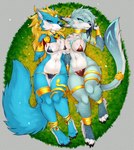 2023 anthro big_tail bikini blue_body blue_fur breasts canid canine canis clothed clothing duo ear_piercing ear_ring eternity-zinogre eternity-zinogre_(eternity-zinogre) female female/female fluffy fluffy_tail fur hi_res jewelry leg_jewelry looking_at_viewer mammal necklace nipples nude partially_clothed piercing ring_piercing skimpy swimwear tail thanatos_laige two-piece_swimsuit wolf