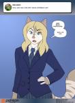 2017 anthro ask_blog blonde_hair blue_eyes breasts clothing conditional_dnp dialogue digital_media_(artwork) domestic_cat english_text felid feline felis female hair hand_on_hip kadath looking_at_viewer mammal necktie riley_(kadath) school_uniform simple_background solo speech_bubble text the_truth uniform