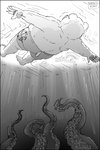 2024 anthro bear bepo_(one_piece) black_border border bottomwear butt clothing comic hi_res humanoid_hands male mammal minkmen_(one_piece) monochrome nekokat42 one_piece overweight overweight_male polar_bear shorts swimming swimwear tentacles ursine water