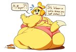 2024 5_fingers animal_crossing anthro arm_rolls back_fat belly big_belly big_butt blonde_hair bodily_fluids bra breasts buckteeth butt canid canine canis chubby_cheeks clothed clothing dipstick_tail domestic_dog english_text eyelashes fat_arms fat_legs fat_rolls female fingers flying_sweatdrops food food_on_floor fur hair hair_bun hi_res isabelle_(animal_crossing) kaboodles mammal markings morbidly_obese morbidly_obese_anthro morbidly_obese_female nintendo obese obese_anthro obese_female open_mouth overweight overweight_anthro overweight_female panties shih_tzu side_belly side_boob simple_background solo stuttering surprise sweat sweatdrop tail tail_markings teeth text toy_dog underwear underwear_only white_background yellow_body yellow_fur