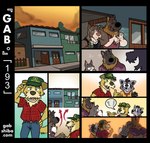 akita anthro black_dot_eyes black_hair black_nose bodily_fluids bottle bottomwear brown_body brown_fur brown_nose building canid canine canis city clothed clothing comic container denim denim_bottomwear denim_clothing dialogue digit_ring domestic_dog duo facial_hair flannel_shirt fur gab_(comic) gabshiba gesture green_eyes grey_body grey_fur group hair hand_on_hip handshake hat headgear headwear holding_bottle holding_container holding_object hug introduction jeans jewelry male mammal meeting moving multicolored_body multicolored_fur mustache neighbor pants pictographics pink_nose pit_bull procyonid raccoon ring romantic romantic_couple ruff_bull spitz sunset sweat sweat_stain sweaty_clothing sweaty_shirt sweaty_topwear text tipping_hat tired trucker_hat two_tone_body two_tone_fur url voff_akita walking waving wedding_ring white_body white_fur yellow_body yellow_fur