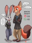 absurd_res anthro canid canine clothed clothing dialogue dipstick_ears dipstick_tail disney duo ear_markings english_text female fox fur green_eyes grey_body grey_fur hi_res judy_hopps lagomorph leporid link6432 male mammal markings multicolored_ears nick_wilde orange_body orange_fur purple_eyes rabbit red_fox simple_background strip_meme tail tail_markings text true_fox zootopia