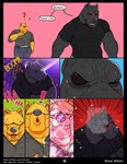 anthro barazoku bashful black_sclera blush bodily_fluids canid canine canis clothing colored comic connor_(maychin) crossed_arms crush dialogue domestic_dog duo english_text gregor_(maychin) hair hair_over_eyes heart_symbol hi_res laugh love male male/male mammal manly maychin muscular muscular_anthro muscular_male one_eye_closed onomatopoeia pit_bull security security_guard simple_background smile sound_effects sparkles speech_bubble sweat text tight_clothing url