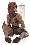 2024 armor athletic athletic_male back_muscles bottomwear brown_body brown_fur canid canine canis claws clothing eyes_closed fangs feet foot_fetish foot_focus fur generation_7_pokemon kneeling kredri leather leather_armor lycanroc male mammal meditation midnight_lycanroc nim_(razim) nintendo pawpads paws pokemon pokemon_(species) sabertooth_(anatomy) scarf semi-anthro shirtless shirtless_anthro shirtless_male shorts tail tan_body tan_fur teeth toe_claws