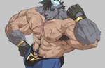 2024 abs absurd_res anthro arm_hair armpit_hair ashendawger behemoth_(final_fantasy) black_hair black_sclera blue_bottomwear blue_clothing blue_eyes blue_horn body_hair bottomwear bulge chest_hair chest_scar clothing facial_scar final_fantasy fingerless_gloves flexing flexing_bicep forearm_muscles fur genitals gloves grey_body grey_fur hair handwear happy_trail hi_res high-angle_view horn legwear looking_at_viewer male nax_(behehonax) nipples pecs penis penis_base scar serratus solo square_enix tights triceps vein veiny_muscles veiny_penis x_scar