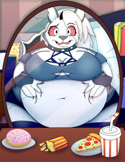 Rating: s
ID: 5731386
Date: 2025-07-24 13:13:39 -0400
Status: active
Score: 20
absurd_res anthro belly big_belly big_breasts breasts canid canid_demon canine clothed clothing demon female fur hair hellaverse hellhound helluva_boss hi_res itzimiau loona_(helluva_boss) mammal mirror mythological_canine mythological_creature mythology obese open_mouth overweight overweight_anthro overweight_female reflection simple_background solo thick_thighs weight_gain white_body white_fur post #5731386