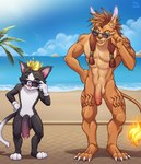 absurd_res anthro balls beach big_penis cait_sith_(ff7) cat-sith celtic_mythology crown duo ear_piercing european_mythology eyewear felid final_fantasy final_fantasy_vii flaccid foreskin genitals headgear hi_res humanoid_genitalia humanoid_penis looking_at_viewer male mammal muscular muscular_male mythology nude penis penis_size_difference piercing purplevelbeth red_xiii size_difference small_but_hung square_enix sunglasses