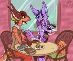 2020 absurd_res anthro apron bag bare_shoulders beverage book cafe chair clothed clothing coffee detailed_background doran_(prettyparty) dragon duo ear_piercing earth_dragon flirting food fur furniture furred_dragon furred_scalie hat headgear headwear hi_res looking_at_another male male_anthro multiple_piercings mythological_creature mythological_scalie mythology outside piercing prettyparty scalie signature standing table trans_(lore) trans_man_(lore)