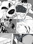 3:4 anthro ape bear bin_(artist) boxing camera clenched_teeth comic equid equine face_punch fighting_ring haplorhine knock_out male mammal missing_tooth monochrome musclegut muscular muscular_male polar_bear primate simple_background slightly_chubby slightly_chubby_male sport teeth tongue tongue_out ursine whistle_(object) zebra