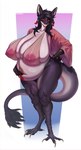 absurd_res anthro areola bat big_areola big_breasts big_ears big_nipples bird_legs black_body breasts claws clothing deodrac ear_piercing ear_ring feathers female hand_on_belly hi_res hybrid looking_at_viewer mammal mature_female navel navel_piercing nipples overweight overweight_female piercing pink_areola pink_clothing pink_nipples red_body red_feathers ring_piercing simple_background smile solo standing tail tail_tuft translucent translucent_clothing tuft white_body yellow_claws yellow_eyes