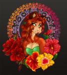 2016 amaryllis_(flower) anthro brown_body brown_fur brown_hair bust_portrait canid canine clothed clothing female flower fox fur green_eyes grey_background hair hibiscus looking_at_viewer mammal mandala patterns plant portrait red_hair reika_(reikafox) reikafox rose_(flower) signature simple_background smile solo tied_hair tropical