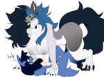 anthro assertive_female black_claws black_tail blue_body blue_fur blue_hair canid canine canis claws duo english_text female female_on_top fur generation_4_pokemon grey_body grey_fur grey_nipples hair hi_res imminent_sex larger_female lucario male male/female mammal nintendo nipple_piercing nipples on_top piercing pokemon pokemon_(species) simple_background size_difference smaller_male smort_bee tail text thick_thighs white_background white_body white_fur wide_hips wolf