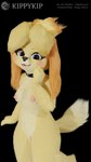 3d_(artwork) 9:16 alpha_channel animal_crossing anthro blender_(artwork) blender_cycles blonde_eyebrows blonde_hair blue_eyes breasts canid canine canis collar collar_only digital_media_(artwork) domestic_dog english_text eyebrows eyelashes female fluffy fluffy_tail fur genitals hair happy hi_res isabelle_(animal_crossing) isabelle_(highwizard) kippykip looking_at_viewer mammal nintendo nipples nude one_leg_up open_mouth open_smile ponytail pussy raised_leg simple_background smile smiling_at_viewer solo tail text transparent_background yellow_body yellow_fur