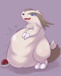 absurd_res ambiguous_gender belly big_belly bloated blue_eyes blush blush_lines bodily_fluids brown_body brown_fur brown_markings claws dialogue digestion distorted_text dripping feral feral_pred fully_inside fur generation_3_pokemon grey_background hi_res huge_belly linoone markings motion_lines nintendo open_mouth pokeball pokemon pokemon_(species) red_tongue saliva saliva_drip simple_background solo speech_bubble struggling struggling_prey tail tan_belly tan_body tan_fur text tongue vore white_claws zeg_yoros