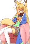 2022 ahoge amber_eyes anthro blonde_hair blush bottomwear brown_body brown_fur canid canine chair clothed clothing cute_fangs digital_media_(artwork) dipstick_ears dipstick_tail ear_markings female female_anthro fluffy fox fur furniture hair hi_res horokusa0519 inner_ear_fluff kemono korai_(horokusa) legwear mammal markings multicolored_body multicolored_ears multicolored_fur sitting skirt solo tail tail_markings thigh_highs tuft white_body white_fur yellow_body yellow_fur