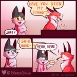 1:1 canid canine comic dialogue duo english_text felid feline fox fur glassshine hair hi_res holding_object hubert_(glassshine) mammal necktie red_body red_fur steve_(glassshine) text white_body white_fur