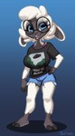 2021 abigail_(seolsaw) absurd_res anthro big_breasts biped black_clothing black_shirt black_topwear blue_bottomwear blue_clothing blue_eyes blue_shorts bottomwear bovid bra_strap breasts caprine clothed clothed_anthro clothed_female clothing cloven_hooves cutoffs denim denim_bottomwear denim_clothing english_text eyewear female female_anthro fingers front_view full-length_portrait fully_clothed glasses gradient_background hair hand_on_hip hand_on_own_hip hi_res hooved_fingers hooved_plantigrade hooved_toes hooves horizontal_pupils i_want_to_believe looking_at_viewer mammal open_mouth plantigrade portrait print_clothing print_shirt print_t-shirt print_topwear pupils sheep shirt shorts signature simple_background siroc solo standing t-shirt teeth text text_on_clothing text_on_shirt text_on_topwear the_x-files tongue topwear white_ears white_hair