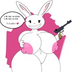 1:1 absurd_res anthro big_breasts blazerfurro breasts crossgender female hi_res holding_object holding_weapon huge_breasts lagomorph leporid mammal max_(sam_and_max) rabbit sam_and_max smile speech_bubble text translated weapon wide_hips