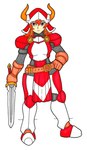 5_fingers armor belt big_breasts boots breasts clothed clothing eyelashes female fingers footwear front_view frown full_armor gloves hair hand_on_hip handwear headgear helmet holding_melee_weapon holding_object holding_weapon horn horned_helmet huge_breasts human ivanks long_hair looking_at_viewer mammal melee_weapon orange_hair plate_armor pupils red_eyes red_hair scale_armor serious serious_face shoes simple_background solo spread_legs spreading standing sword tabard weapon white_background white_body white_skin