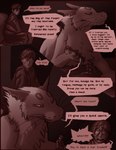 bodily_fluids canid canine clothed clothing comic digital_media_(artwork) duo english_text feral fur hair hi_res human lemondeer male male/male mammal monochrome monster mordecai_(lemondeer) noah_(downthehatch) simple_background size_difference smaller_male text whiskers