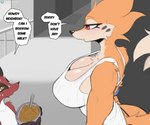 6:5 absurd_res anthro big_breasts breasts buizel cleavage clothed clothing cooliehigh dialogue english_text female female_anthro generation_4_pokemon generation_8_pokemon hi_res larger_female male neighbor nickit nintendo pokemon pokemon_(species) shirt size_difference smaller_male tank_top text thong topwear underwear