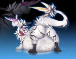 absurd_res anthro belly big_belly black_stripes cmitchell dragon duo female feral fur hair hi_res horn long_ears long_tail male male/female mythological_creature mythological_scalie mythology pink_hair scalie stripes tail vore white_body white_fur zorgoia