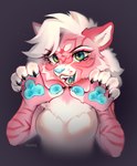 anthro blue_pawpads breasts felid feline female fur hair hi_res mammal neck_tuft open_mouth pawpads paws pink_body pink_fur simple_background solo tuft white_body white_hair zlatavector