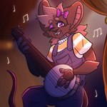 1:1 4_fingers accessory animatronic anthro banjo_(instrument) bat black_body black_fur blue_clothing blue_overalls bow_ribbon brandy_blumen_yusakov_(sebbidraws) clothed clothing curtains digital_drawing_(artwork) digital_media_(artwork) dinnermeat1 facial_tuft fangs female fingers flat_chested fully_clothed fur grey_hair hair hair_accessory hair_bow hair_ribbon half-length_portrait heart_eyes heart_symbol hi_res inside light lighting looking_at_viewer machine mammal multicolored_clothing multicolored_shirt multicolored_topwear musical_instrument musical_note musical_symbol one_eye_closed open_mouth open_smile overalls pattern_clothing pattern_shirt pattern_topwear playing_music plucked_string_instrument portrait purple_eyelids purple_eyes raised_leg ribbons robot shaded shirt smile soft_lighting solo stage string_instrument striped_clothing striped_shirt striped_topwear stripes symbol t-shirt teeth topwear tuft white_clothing white_shirt white_topwear wink yellow_clothing yellow_shirt yellow_topwear