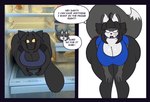 2024 allyson_(dewwydarts) alternate_species anthro appliance big_breasts black_body black_bottomwear black_clothing black_fur black_hair black_pants blue_clothing blue_shirt blue_topwear bottomwear breasts butt butt_squish canid canine canis cleavage clothed clothed_anthro clothed_female clothing dara_(dewwydarts) dewwydarts dewwydarts_(character) dialogue domestic_cat emanata english_text felid feline felis female fluffy fluffy_tail fox fridge fur grey_body grey_fur group hair hanging_breasts in_fridge kitchen_appliance male mammal pants photo_background photography_(artwork) shirt simple_eyes speech_bubble squish tail text thick_thighs topwear trio wide_hips wolf yellow_eyes