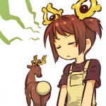 1:1 alternate_species brown_hair clothing cosplay duo eyes_closed female feral generation_2_pokemon hair hitec human humanized mammal nintendo pokemon pokemon_(species) shirt short_hair simple_background stantler topwear white_background