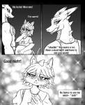 2016 anthro belly big_belly blush breasts clothed clothing comic dragon english_text felid female grey_background hi_res if_hell_had_a_taste male mammal marci_hetson monochrome mythological_creature mythological_scalie mythology scalie scar simple_background skylar_fidchell slightly_chubby text viroveteruscy