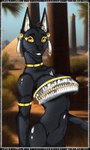 0l-fox-l0 3:5 absurd_res anthro anubian_jackal black_body black_fur canid canine canis clothing desert ear_piercing egyptian egyptian_clothing female fur gold_(metal) gold_jewelry hi_res jackal jewelry mammal piercing slim_anthro slim_female smile solo symbol whiskers yellow_eyes