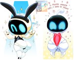 3_fingers ambiguous_gender antennae_(anatomy) astro_(astro_bot) astro_bot_(series) big_butt big_eyes black_clothing black_leotard blue_eyes bunny_costume butt clothing costume dialogue digital_media_(artwork) duo emanata english_text fake_ears fake_rabbit_ears fingers footwear front_view gesture goatboydraws hand_gesture hands_behind_back happy hi_res high_heels humanoid leotard looking_at_viewer looking_back machine mouthless not_furry one_eye_closed pear-shaped_figure pinup pose rear_view red_clothing red_leotard reference_image robot robot_humanoid screen screen_face shoes short_stack simple_background sony_corporation sony_interactive_entertainment sparkles standing text thick_thighs tight_clothing v_sign white_body wide_hips wink