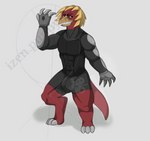 anthro armor armored_gloves beak bulge clawed_fingers claws clothing digitigrade fingerless_gloves gloves golden_quills grey_clothing handwear hi_res hsketch4 izen_puppyfox male metal_claws muscular muscular_anthro muscular_male quills_(anatomy) red_body red_skin reisu reptile_tail solo toe_claws trericultua