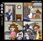 ailurid akita apron base_two_layout bodily_fluids brown_body brown_fur brown_hair canid canine canis clothing comic cookware dialogue domestic_dog eyewear female four_frame_grid four_frame_image frying_pan fur gab_(comic) gabshiba gift glasses grey_body grey_fur grid_layout hair heart_symbol kitchen_utensils long_tail male mammal mastiff molosser multicolored_body multicolored_fur orange_body orange_fur overalls pictographics pit_bull question_mark red_panda regular_grid_layout ruff_bull spitz sweater tail tears text tools topwear two_row_layout url voff_akita white_body white_fur