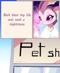 absurd_res blush building collar dialogue eeveelution english_text female feral fin generation_1_pokemon gradient_background hi_res loreking marine nintendo pink_body pink_eyes pokemon pokemon_(species) princess_(loreking) shiny_pokemon simple_background sparkles text text_box vaporeon