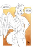 2022 anthro blue_eyes clothing dialogue dreamy_daze_(oc) english_text equid equine fan_character hasbro male mammal meme meme_clothing my_little_pony mythological_creature mythological_equine mythology offscreen_character orange_background pegasus restricted_palette simple_background solo sweater text topwear virgin_killer virgin_killer_sweater wings zwitterkitsune