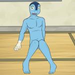 1:1 amphibian anthro anthrofied biped froakie fuze generation_6_pokemon gym hi_res male nintendo nude pokemon pokemon_(species) pokemorph pose river_(fuze) shy sitting solo sport volleyball window