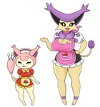 anthro apron big_breasts black_eyes bottomwear breasts clothing delcatty duo eyes_closed female generation_3_pokemon happy hat headgear headwear hi_res nintendo pokeball pokemon pokemon_(species) pupils scarf shirt simple_background skirt skitty tail tail_grab topwear urusee584 white_background white_pupils yellow_body